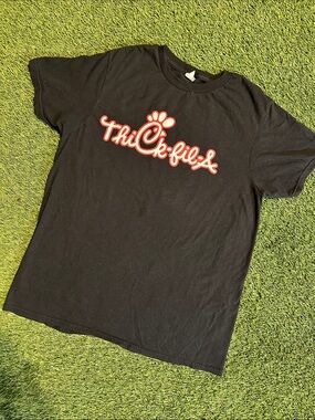 “Thic-Fil-A” Novelty T Shirt Delta Black and Red Ringspun Logo Tee